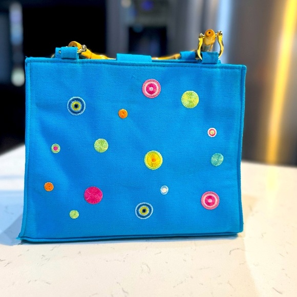 Tianni Bamboo Handle Vibrant Blue and Yellow Tote with Playful Design - Picture 2 of 10